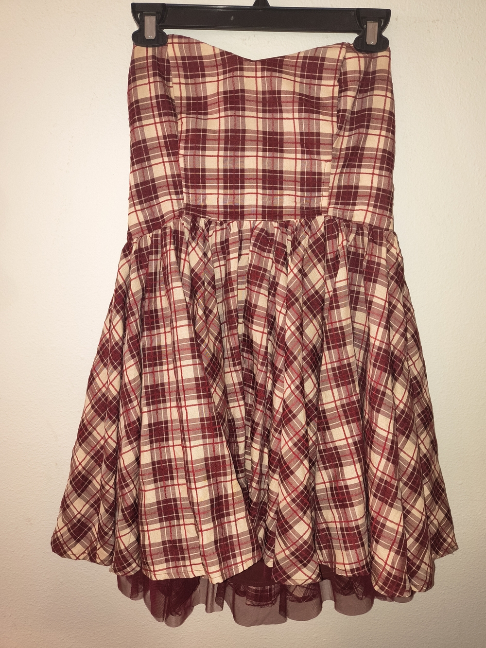 NWT Altar’d State Size M Burgundy Plaid Strapless Tulle Mini Dress Cottagecore